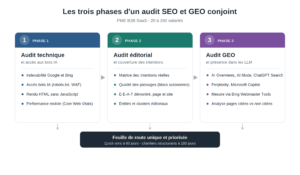 Auditer le SEO et le GEO d'une PME B2B SaaS 3 schema 3 phases audit